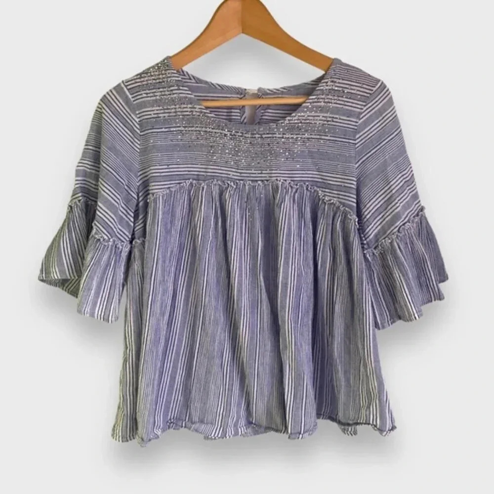 Cotton Rhinestone  Embellished Prairie Boho Blouse
